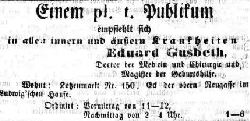 Anzeige des Kabinetts von Dr. Eduard Gusbeth als Hausarzt im Haus Kotzenmarkt 150, Kronstädter Zeitung, 22. März 1865