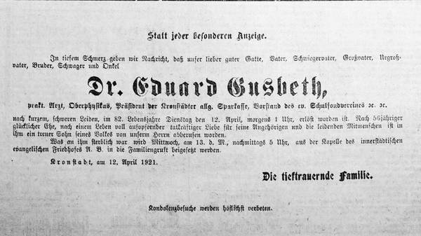 Todesanzeige in der Kronstädter Zeitung vom 13. April 1921